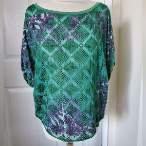 Anthropolgie Language Silk Emerald Purple Embroidered Loose Fit Top Women's M